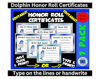 Dolphin Honor Roll Certificates, 7 Pack Honor Roll Certificates, Dolphin Honor Roll Award, Fillable Honor Roll Certificates Instant Download