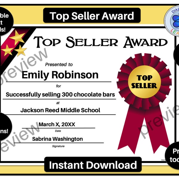 Top Seller Award, 2 Versions, Top Seller Certificate of Recognition, Editable Top Seller Award, School & Community Awards, Instant Download