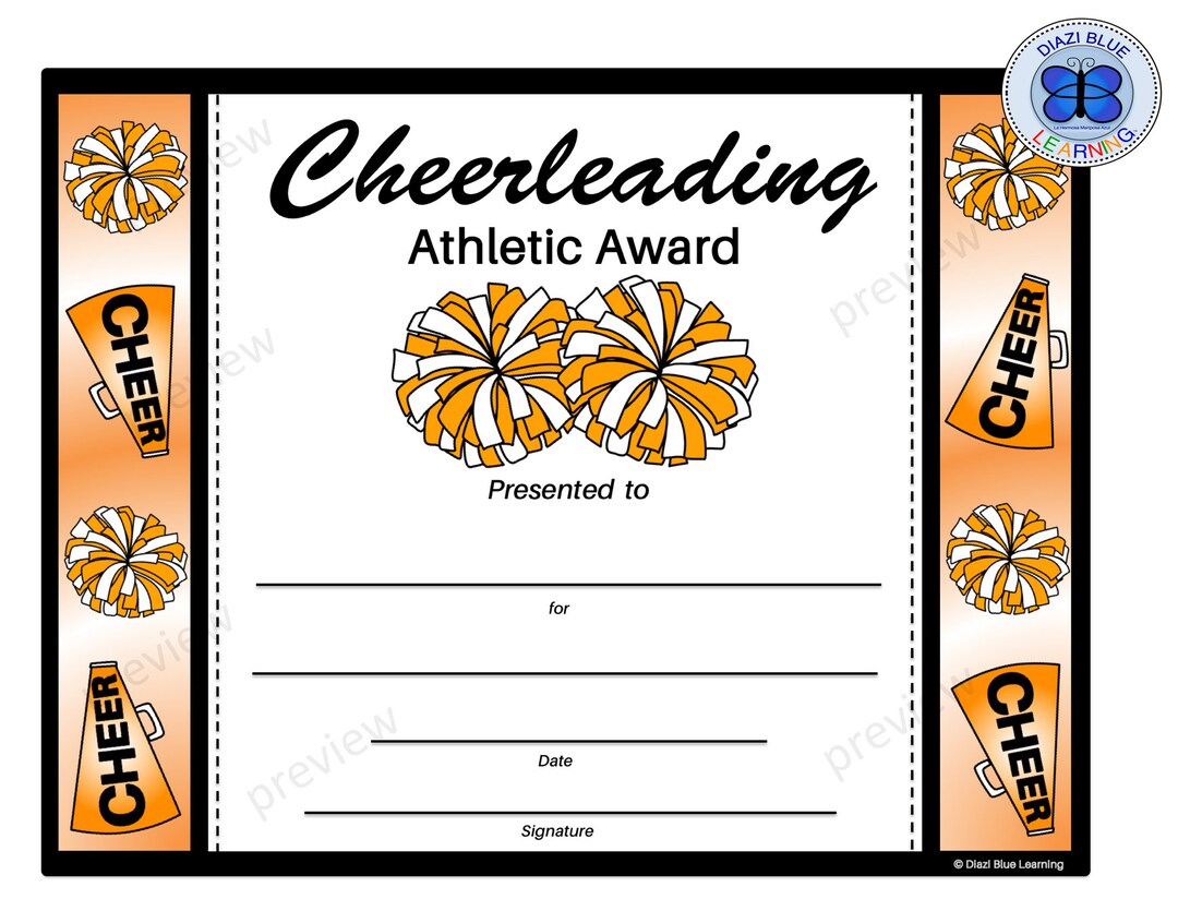 Cheerleading Certificate, Cheerleading Award, Editable Cheerleading