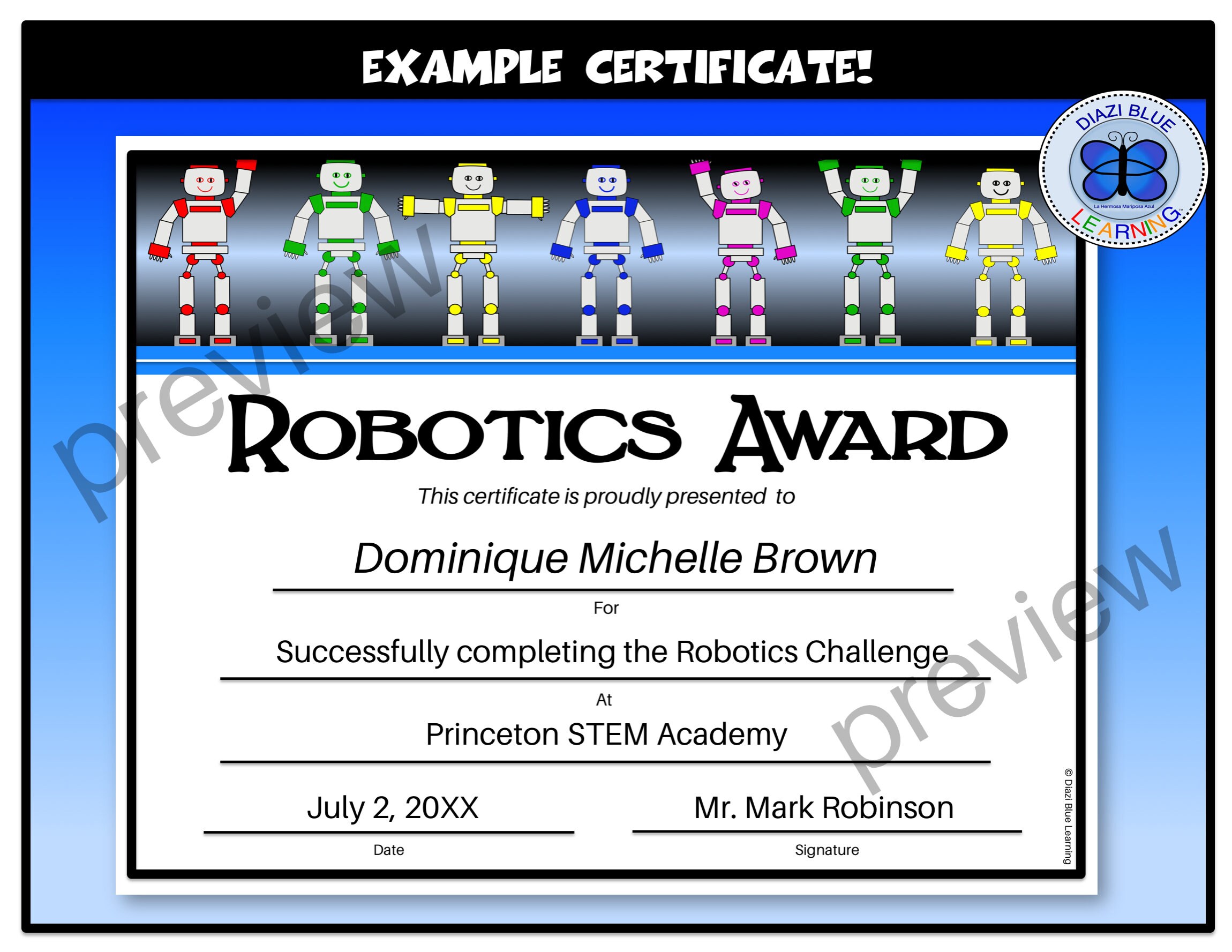 Robotics Award, Robotics Certificates, Editable Robotics Certificates