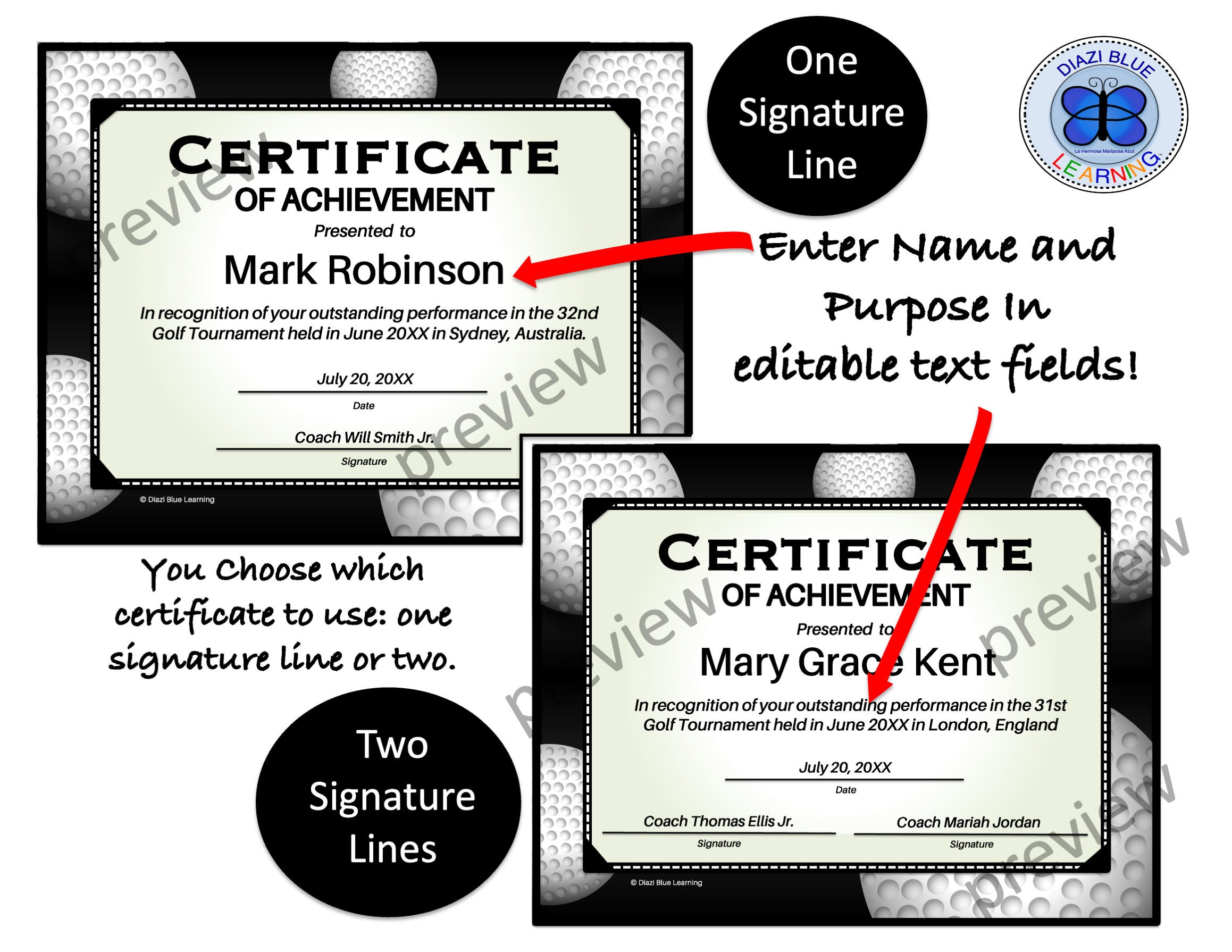 Editable Golf Certificate, Golf Certificate With 1 or 2 Signature Line