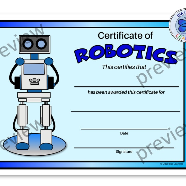 Robotics Award, Robotics Certificates, Certificate of Robotics Achievement, Certificate of Robotics, Certificates, Awards