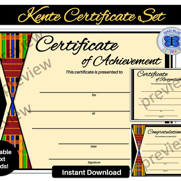Kente Certificate, Kente Award Set, Black History Month Certificate, Kente Editable Certificates, Instant Download