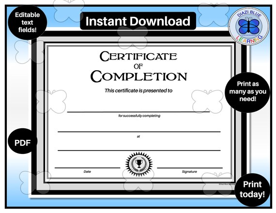 Certificate of Completion PDF Editable Certificate of - Etsy