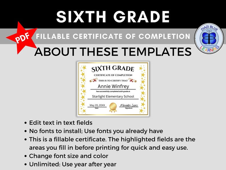 Gold Stars Sixth Grade Certificate of Completion, Sixth Grade Diploma ...