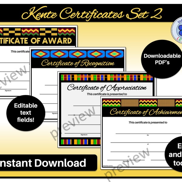 Kente Certificate, Kente Award Set, Kente School Achievement Certificates, School/Community Awards, Editable Certificates, Instant Download