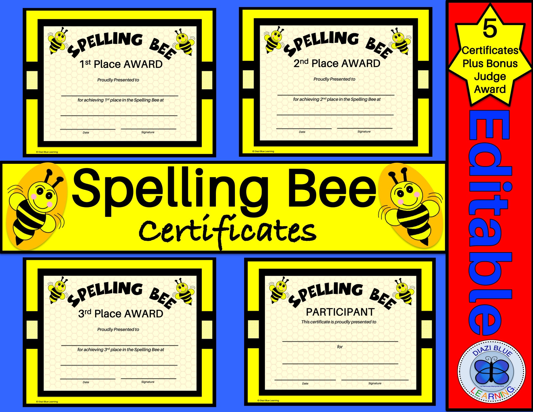 Spelling Bee Award Certificates, Spelling Bee Certificates, Editable