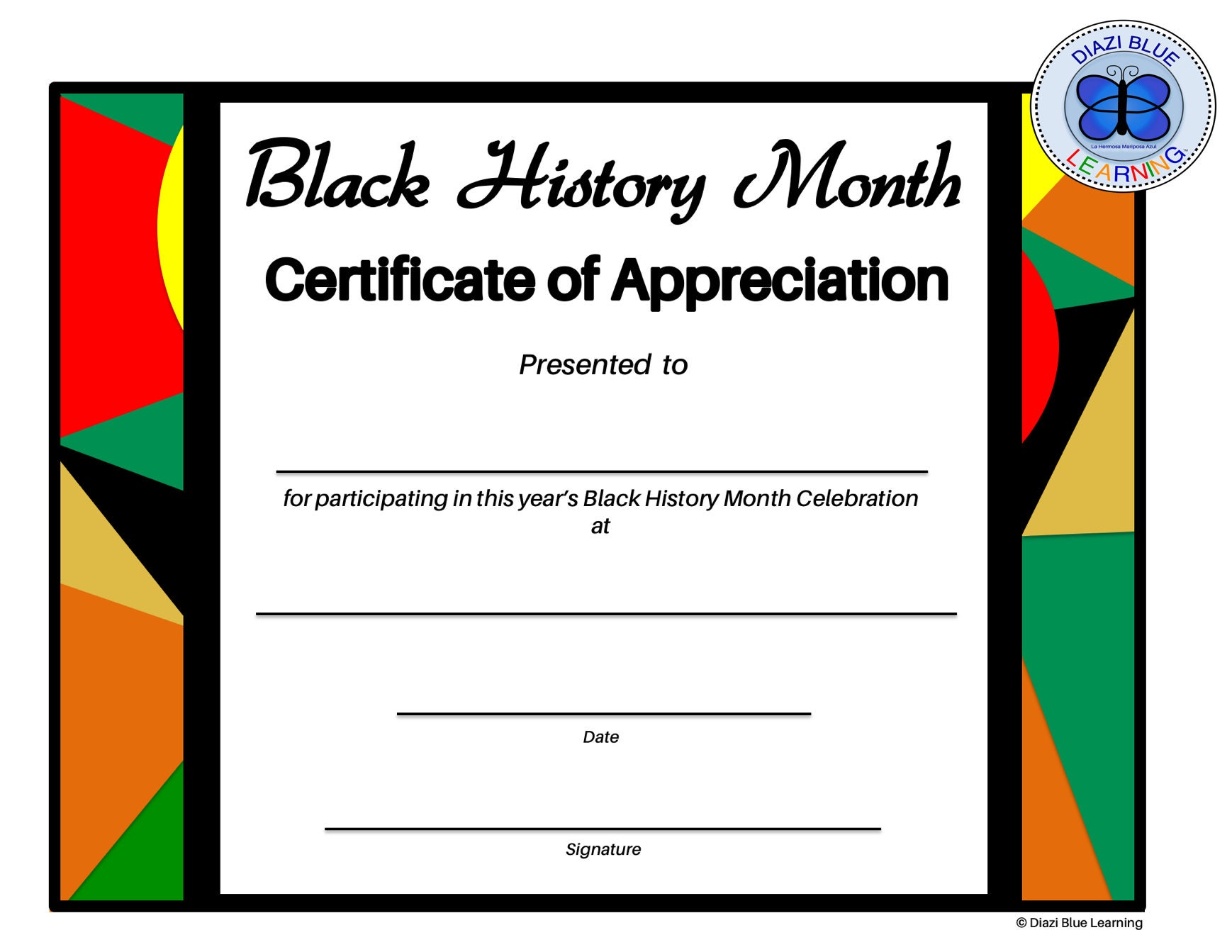 Black History Month Certificate of Appreciation Editable Etsy