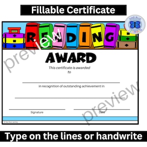 Reading Certificate, PDF Reading Certificate, PDF Reading Award, Editable Reading Certificate, End of Year Certificate, Templates, Awards