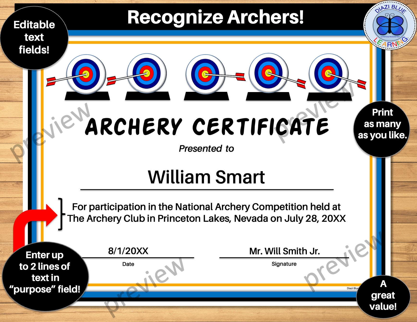 Archery Award, Editable Archery Certificate Award PDF, Archery