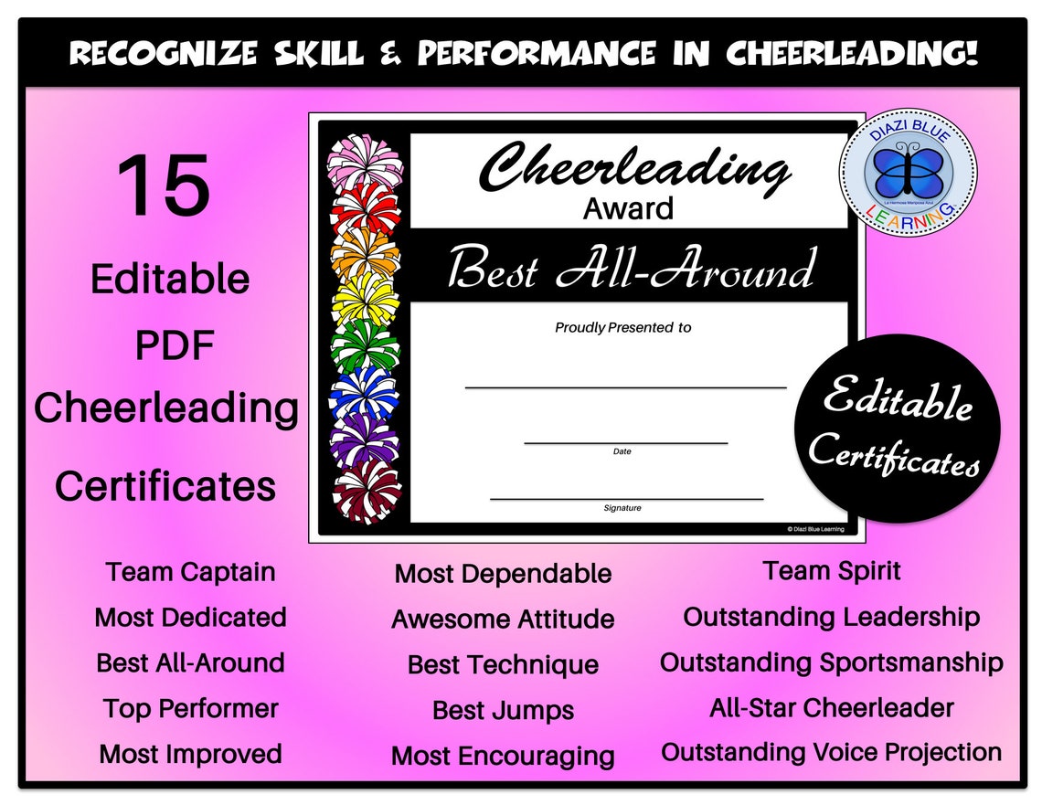 Cheerleading Certificates, Cheerleading Awards, Editable Cheerleader