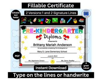 Pre-K-Diplom, Pre-K-Abschlussdiplom, ausfüllbares Vorkindergarten-Diplom, bearbeitbares Zertifikat, druckbares Zertifikat, Sofort-Download