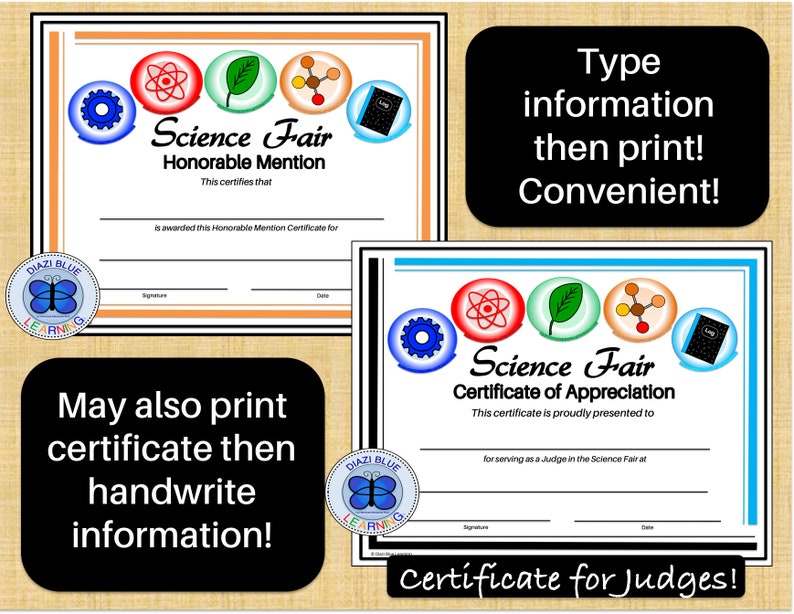 Science Fair Certificates, PDF Science Fair Certificates, Editable