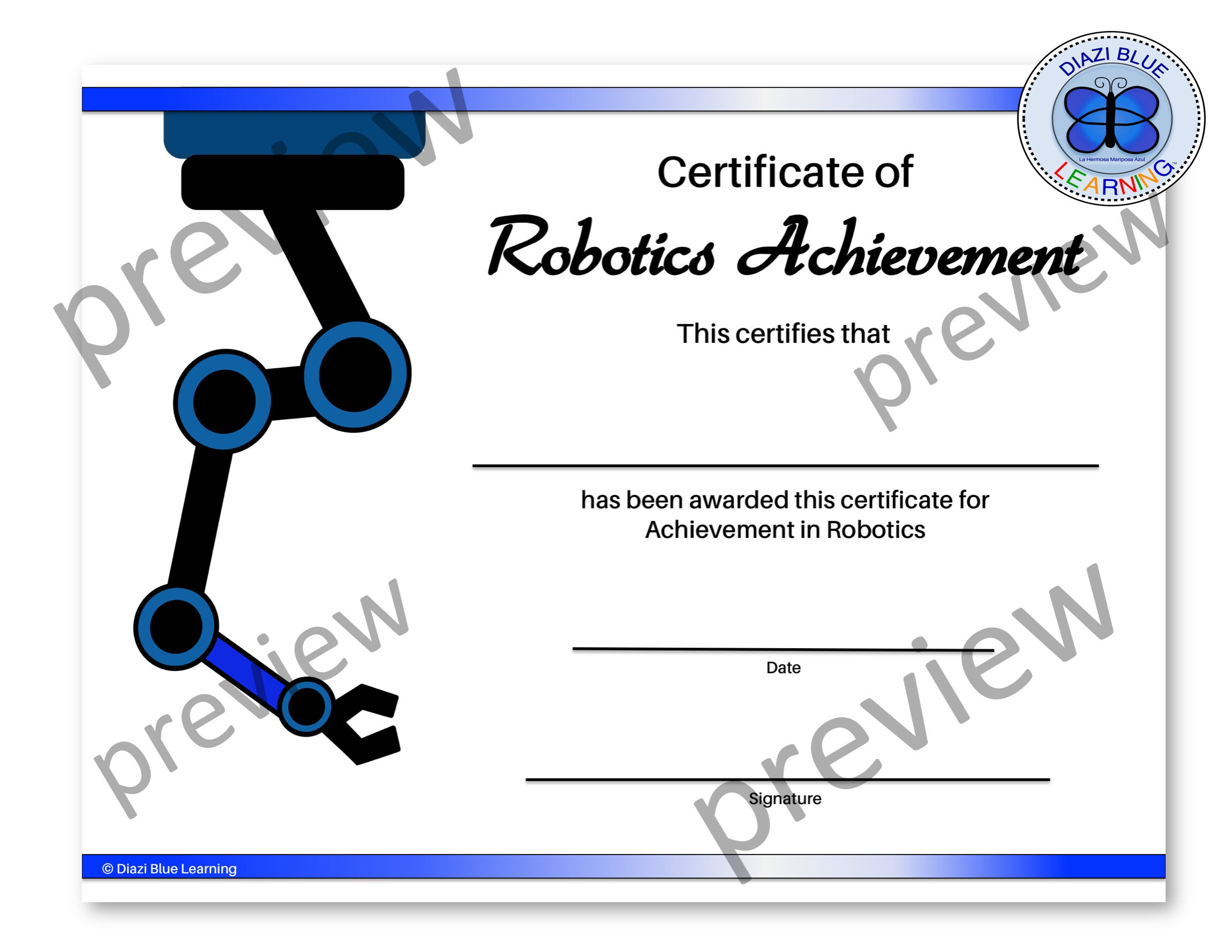 Robotics Certificates, Robotics Achievement, Editable Robotics