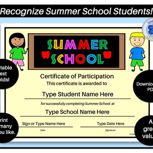 Summer School Certificate Printable Summer School - Etsy