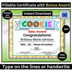 Cookie Sales Award Certificate, Editable Cookie Sales Award Certificate PDF- 2 versions, Community Certificates, Instant Download