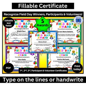 Field Day Award Set #1, Editable Field Day Certificate PDF, Field Day Certificate Set of 5, School and Community Awards, Instant Download