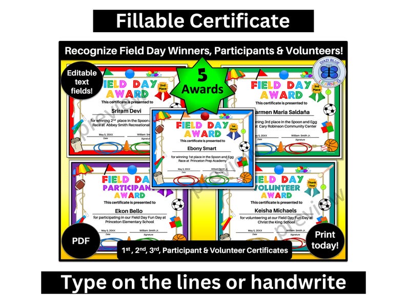 Field Day Award Set #1, Editable Field Day Certificate PDF, Field Day ...