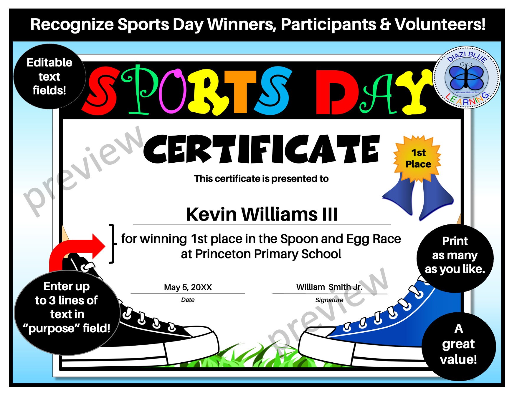 Sports Day Award Editable Sports Day Certificate PDF Sports Day 