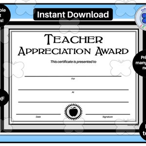 Teacher Appreciation Award PDF, Editable Teacher Appreciation Certificate, Printable Teacher Appreciation Award, Instant Download
