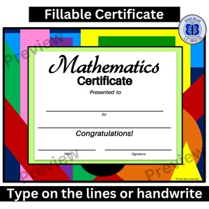 Pode incluir: Um modelo de certificado colorido com um design geométrico. O texto "Mathematics Certificate" está no topo do certificado. O certificado está pronto para ser preenchido com o nome do destinatário, o motivo da premiação, a data e uma assinatura.