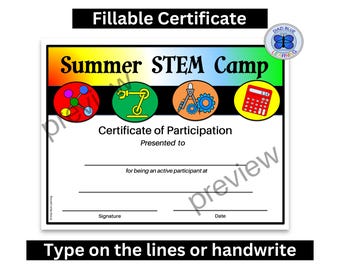 Summer STEM Camp Certificates, Editable Summer STEM Camp Certificates, Printable Summer STEM Camp Award, Stem Certificate