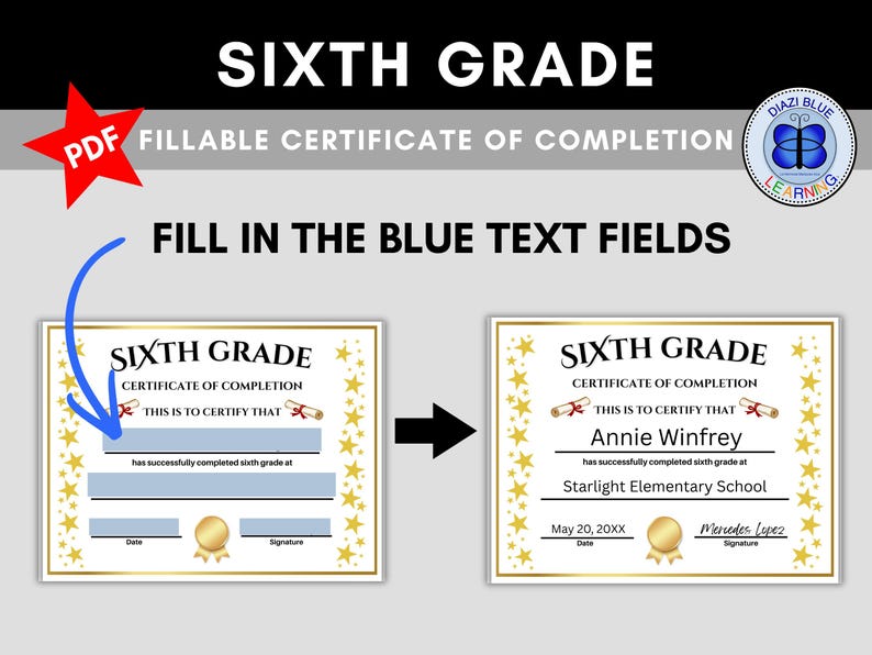 Gold Stars Sixth Grade Certificate of Completion, Sixth Grade Diploma ...
