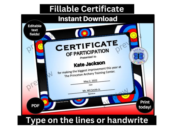 Archery Award, Editable Archery Certificate Award PDF, Archery Participation Certificate, School and Community Awards, Instant Download