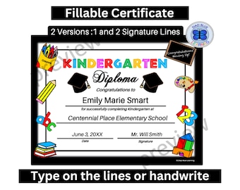 Kindergarten Diploma, Fillable Kindergarten Graduation Diploma with Bonus Promotion Certificate, Printable Diploma, Instant Download