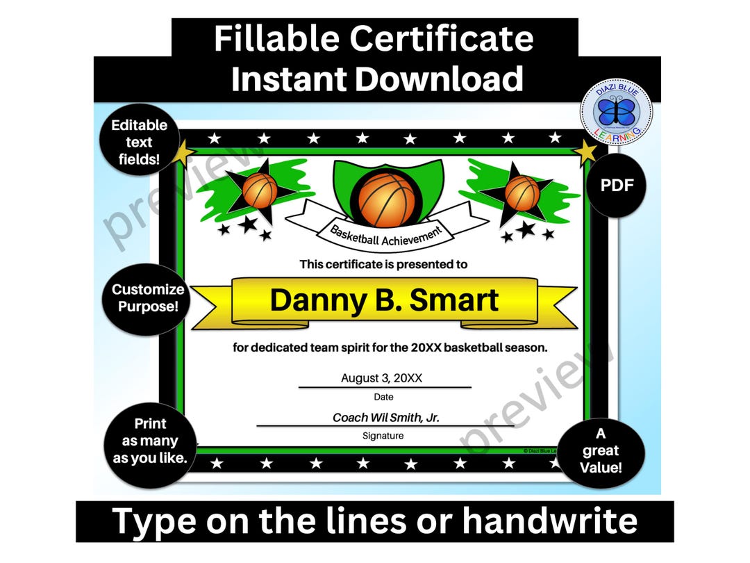 Editable Basketball Certificate, PDF Basketball Certificate, Basketball ...