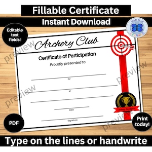 Archery Club Award, Editable Archery Certificate Award PDF, Archery Participation Certificate, School and Community Awards, Instant Download