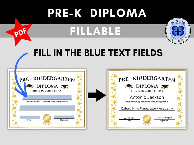 Gold Stars Pre-k Diploma, 1 & 2 Signature Lines Pre-kindergarten ...