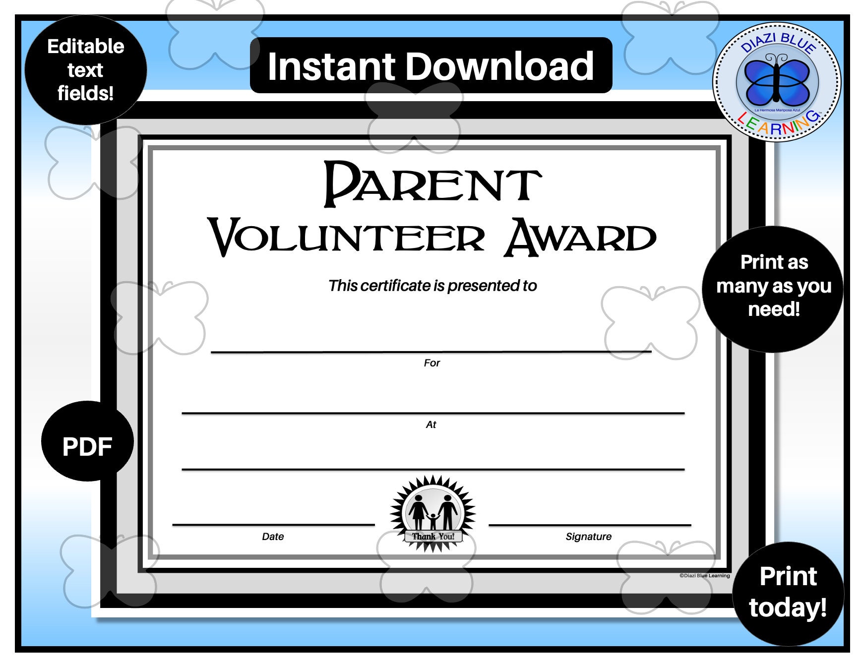 Parent Volunteer Award PDF Editable Parent Volunteer Certificate