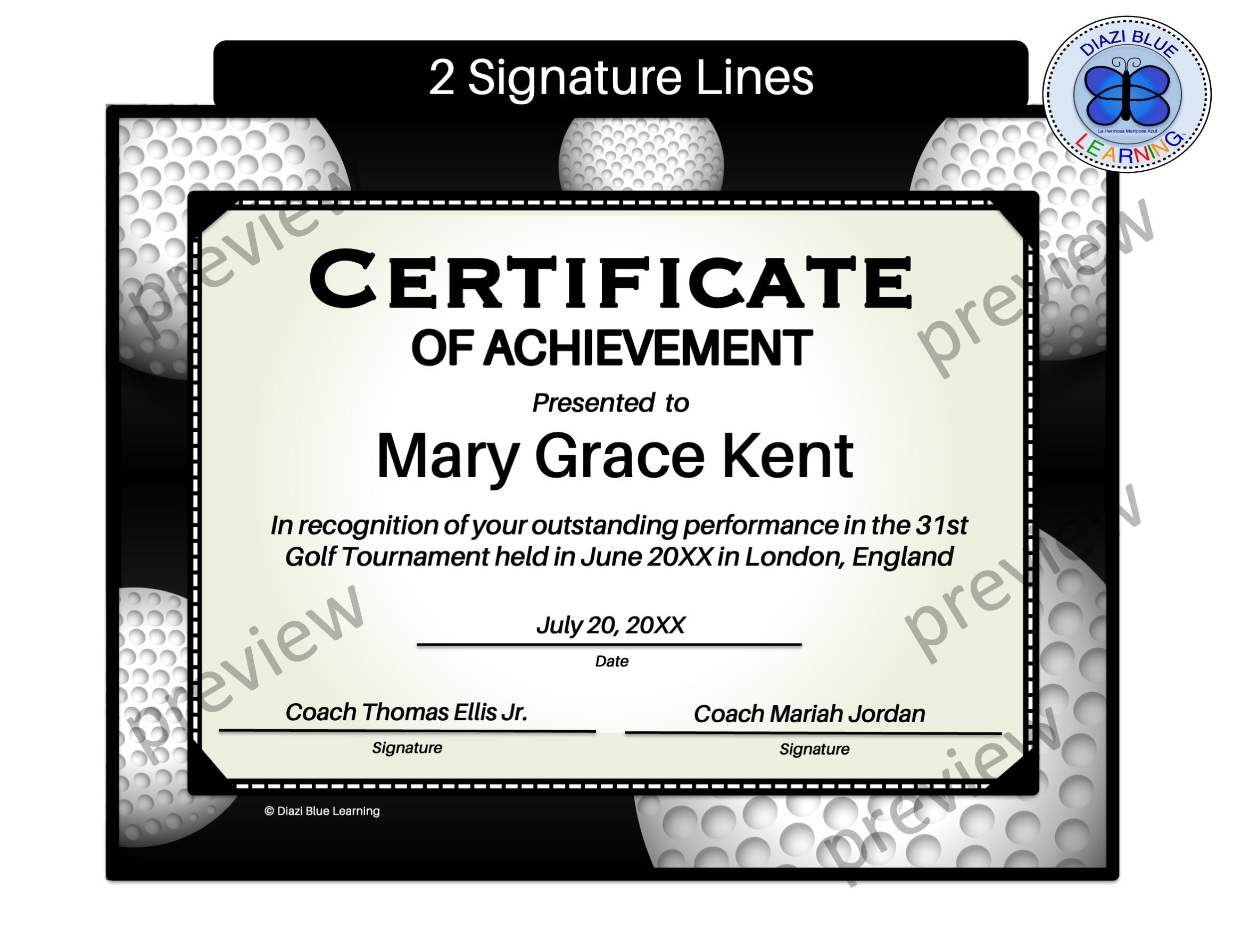 Editable Golf Certificate, Golf Certificate With 1 or 2 Signature Line