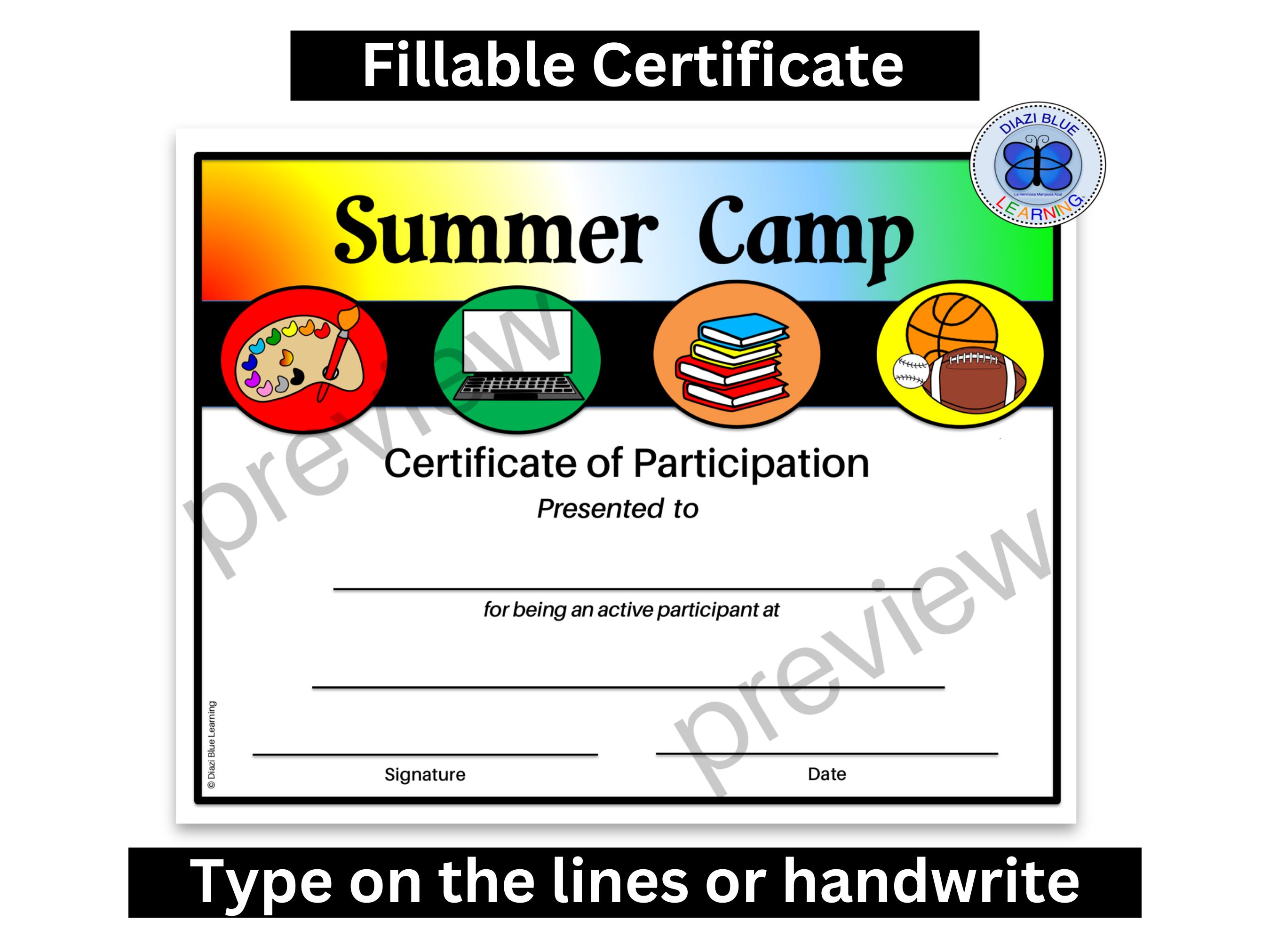 Summer Camp Certificates, Editable Summer Camp Certificates, Printable Summer Camp Certificates, Camp Awards, Summer Camp