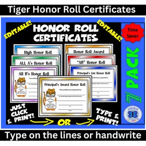 Peut inclure: Un ensemble de 7 certificats d'honneur imprimables et modifiables sur le thème du tigre. Les certificats sont de différentes couleurs et présentent un tigre de dessin animé. Le texte sur les certificats comprend "High Honor Roll", "All A's Honor Roll", "All B's Honor Roll", "Honor Roll Award", "AB Honor Roll", "Principal's List Honor Roll", et "Principal's Award Honor Roll".