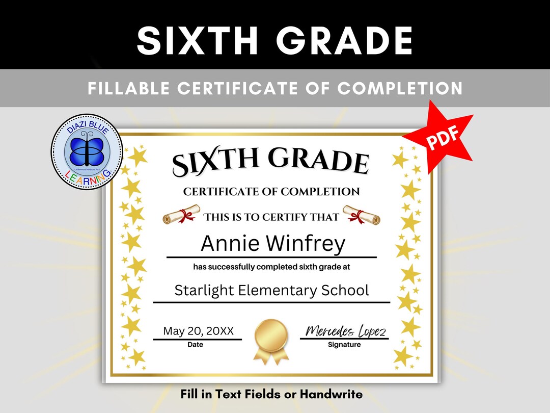 Gold Stars Sixth Grade Certificate of Completion, Sixth Grade Diploma ...