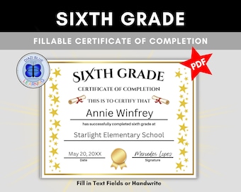 Certificado de finalización de sexto grado Gold Stars, diploma de sexto grado, premio de sexto grado rellenable
