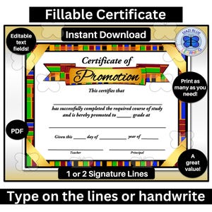 Kente Promotion Certificate, 1  or 2 Signature Lines, End of School Year Certificates, Editable Printable Promotion Certificate