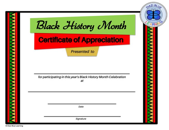 Black History Month Certificate Of Appreciation Black History Etsy