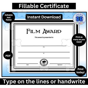 Editable Film Award PDF, Printable Film Certificate Award, End of Year School & Community Awards, Instant Download