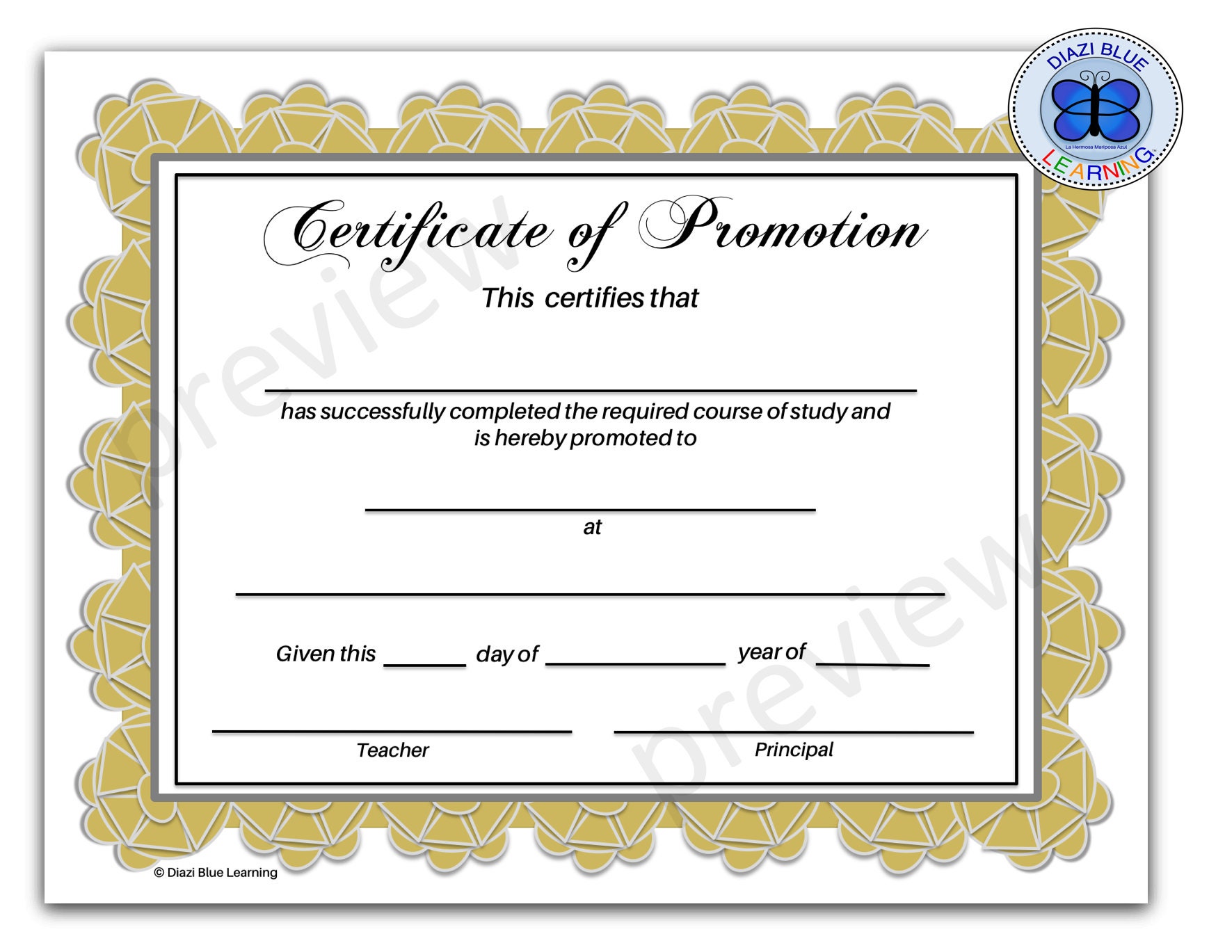 Certificate of Promotion, Certificate of Completion, End of Year  Certificates, Editable Certificate of Promotion, PDF Certificate With Promotion Certificate Template