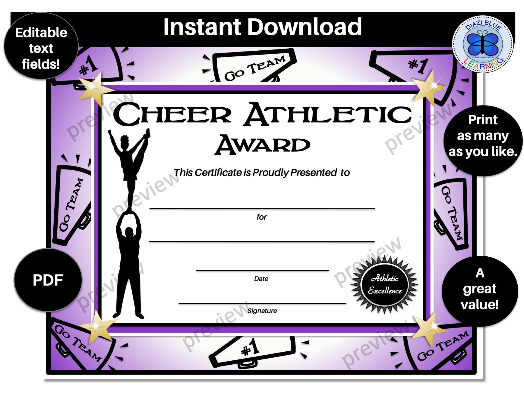 Editable Cheerleader Certificate, Cheerleading Certificate Award PDF