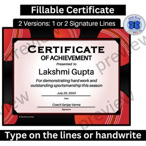 Editable Cricket Certificate, Cricket Certificate with 1 or 2 Signature Line Option, Cricket Team Awards Certificates, Instant Download