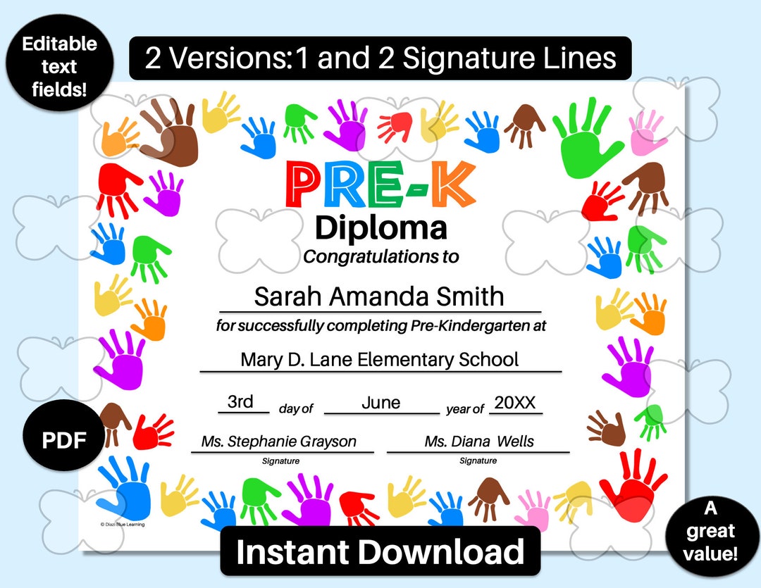 Prek Diploma, Prek Graduation Diploma, Fillable Prekindergarten