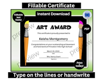 Art Certificate, PDF Art Award, Editable Art Certificate, End of Year Certificates, School and Community Certificates