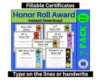 Honor Roll Certificates, 7 Pack Star Honor Roll Certificates, Fillable Honor Roll Certificates, Honor Roll Awards, Instant Download