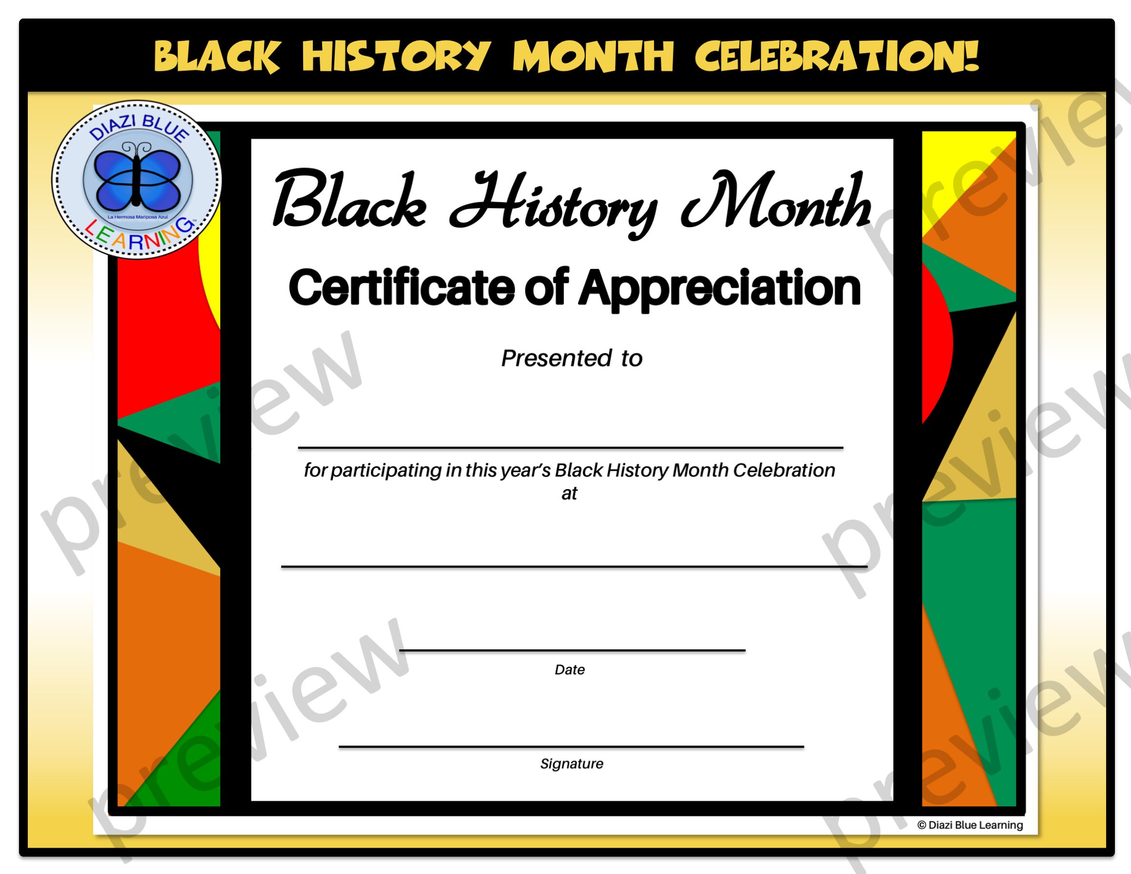 Black History Month Certificate of Appreciation, Editable Black History ...