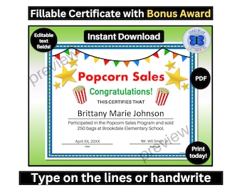 Popcorn Sales Award Certificate, Editable School Popcorn Sales Award Certificate- 2 versions, Fundraising Recognition, Community Awards