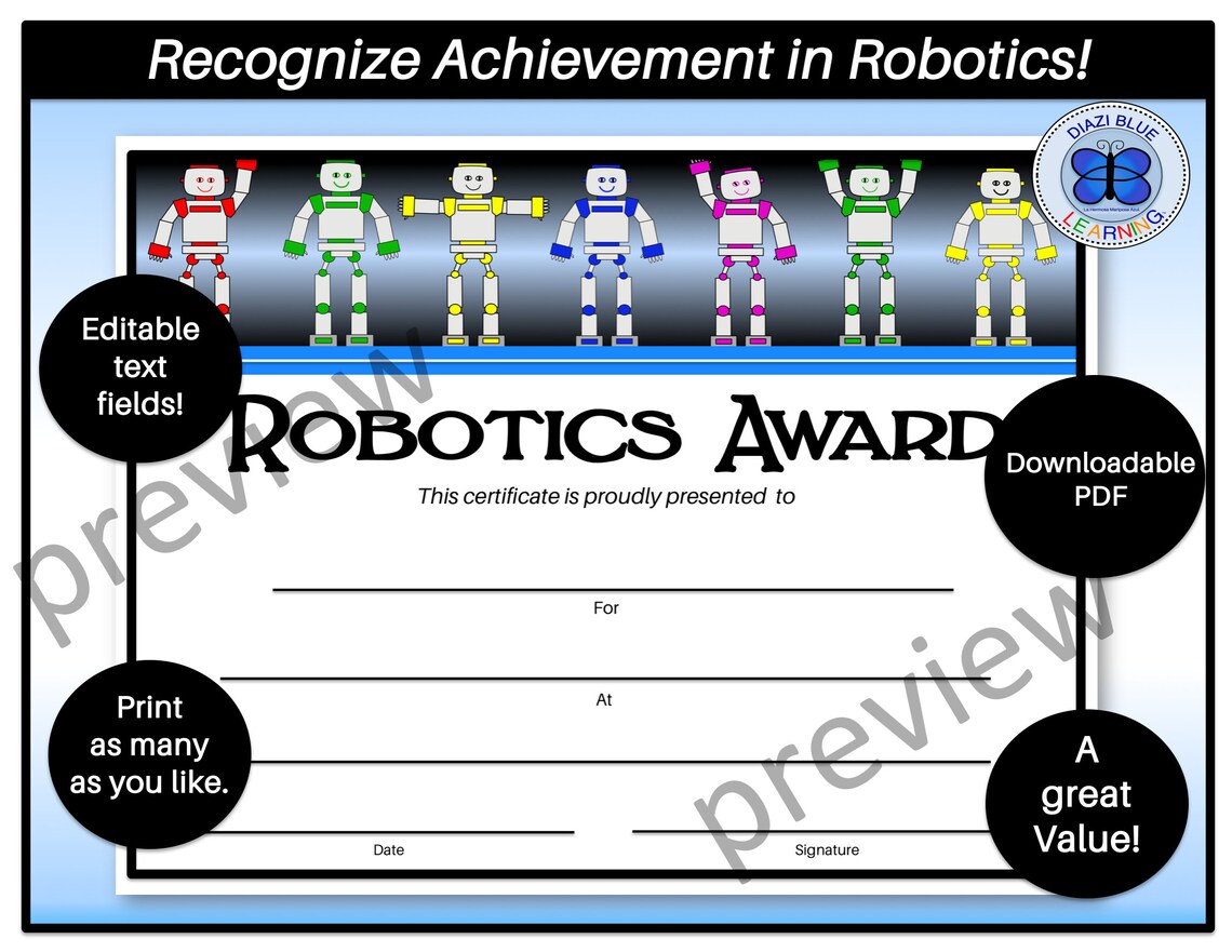 Robotics Award, Robotics Certificates, Editable Robotics Certificates